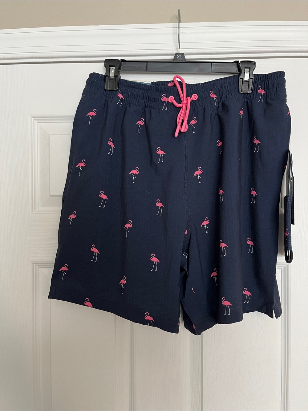 Caribbean Joe Navy Shorts with Pink Flamingo Print and Pink Drawstring